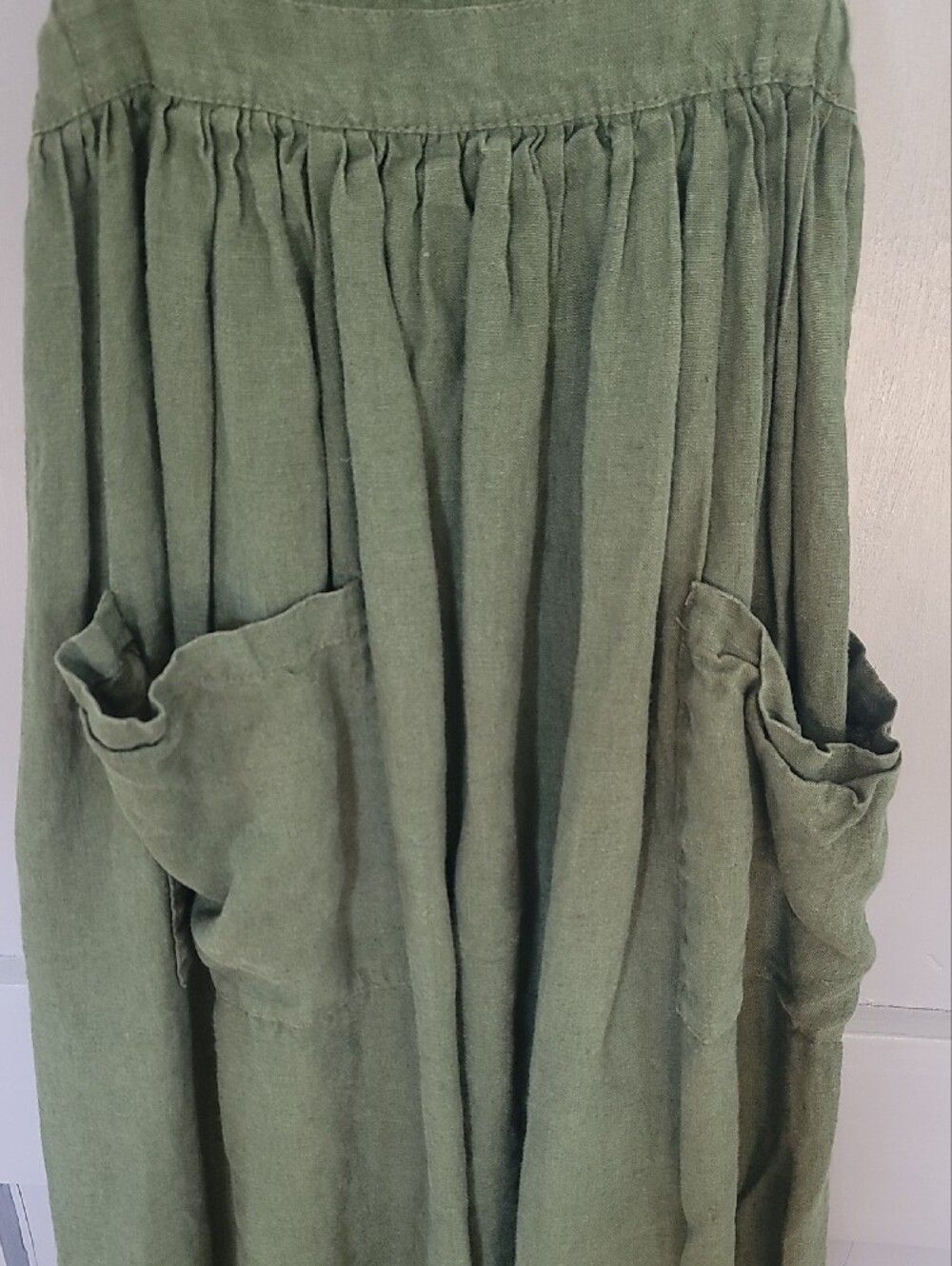 Sleeveless Linen Overall Dress with Square Neck in Olive - Picture 3 of 5